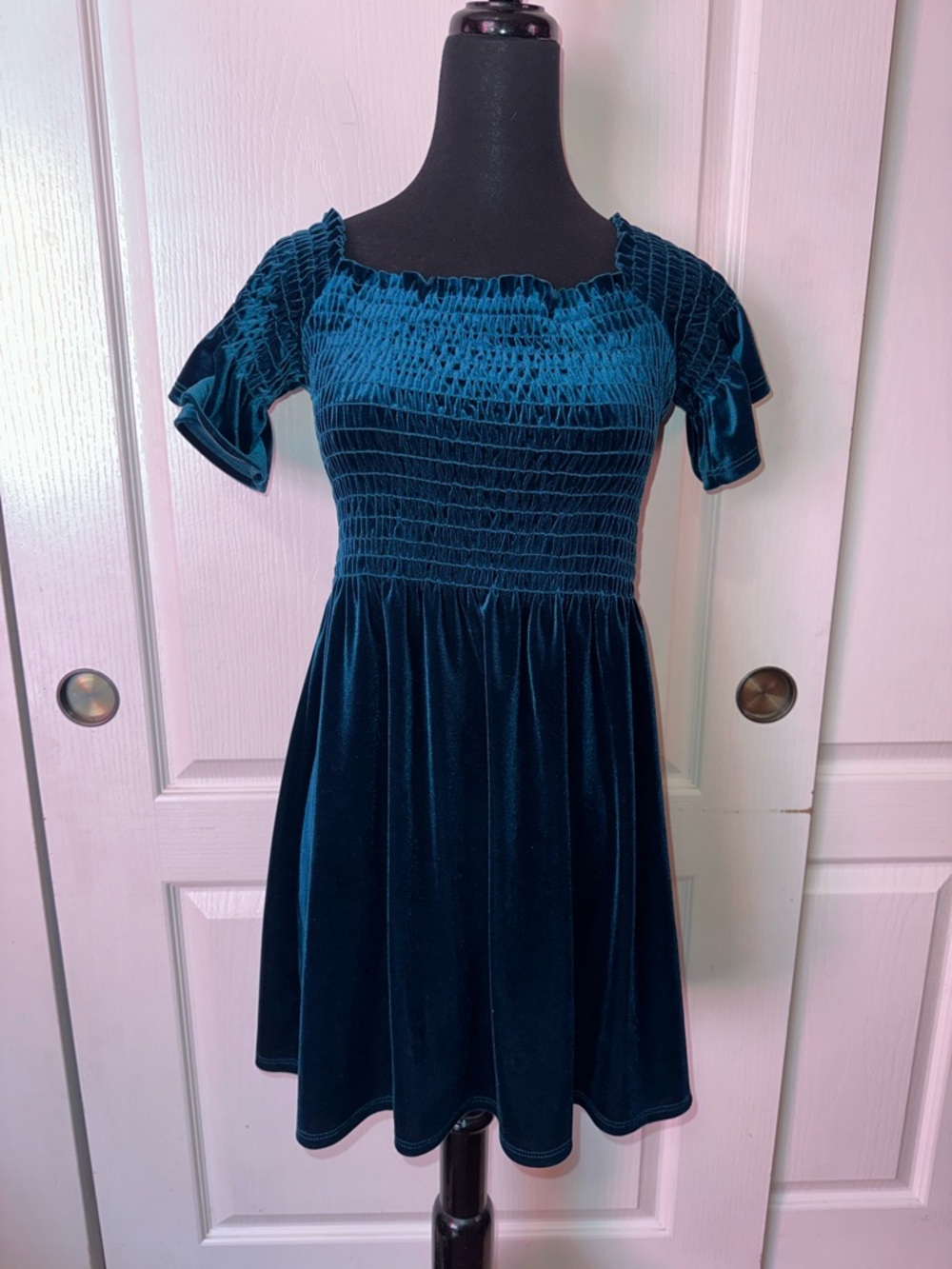 URBAN OUTFITTERS BLUE VELVET RUCHED DRESS